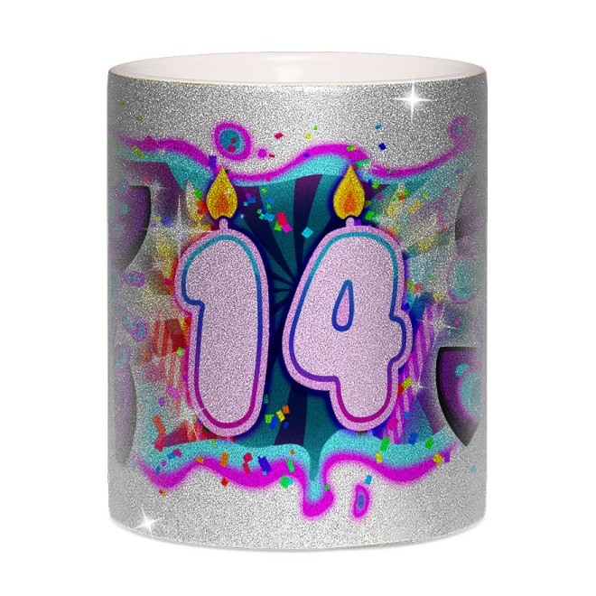 Team Melone 14. Geburtstag Glitzer-Tasse silver glitter